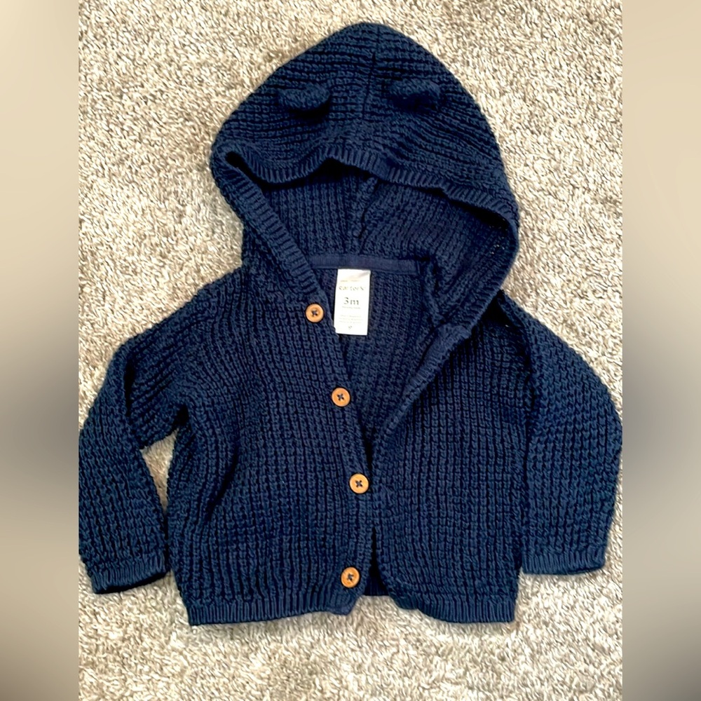 Carters Teddy Bear Knit Cardigan | 0-3 Months | Navy Blue